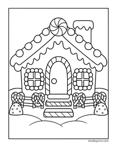 A gingerbread house with round candy windows, steps to the door and a fence made of pretzels and gumdrops