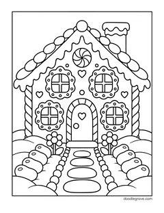 A gingerbread house with flower-shaped candy windows, hearts, a peppermint and a path lined with candies