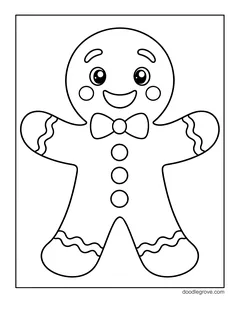 A big smiling gingerbread man with a bow tie, three round buttons and wavy icing on his arms and legs