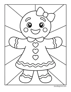 A smiling gingerbread girl with a bow on her head and a dress with heart buttons, in front of sun rays