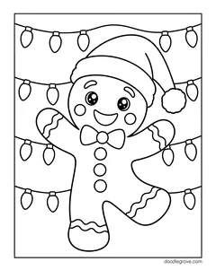 A gingerbread man in a Santa hat dancing under strings of Christmas lights