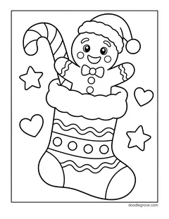 A gingerbread man in a Santa hat peeking out of a Christmas stocking with a candy cane, with hearts and stars