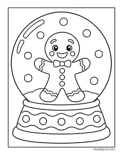 A gingerbread man standing inside a snow globe with round snowflakes and a patterned base