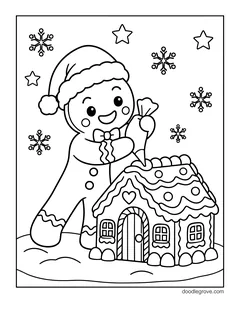A gingerbread man in a Santa hat piping icing onto the roof of a small gingerbread house, with snowflakes and stars