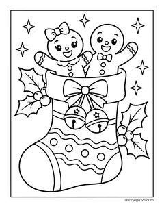 A gingerbread boy and a gingerbread girl peeking out of a Christmas stocking with a bow, bells and holly, with sparkles