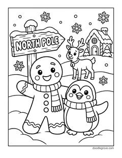 A gingerbread man and a penguin in scarves next to a North Pole sign, with a reindeer, a snowy cottage and snowflakes