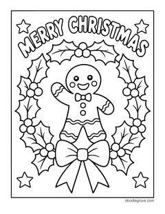 A gingerbread man waving through a holly wreath with a big bow under the words Merry Christmas, with stars