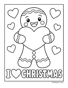 A gingerbread man hugging a big heart above the words I love Christmas, with hearts all around