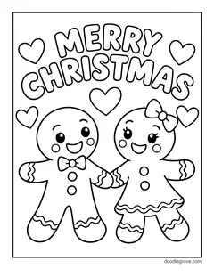 A gingerbread boy and a gingerbread girl holding hands under the words Merry Christmas, with hearts