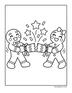 Two gingerbread friends pulling a Christmas cracker that bursts into stars and confetti
