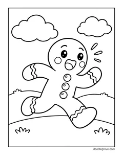 A gingerbread man running across a grassy hill with clouds in the sky