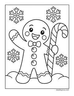 A gingerbread man with a bow tie waving and holding a tall candy cane in the snow, with snowflakes