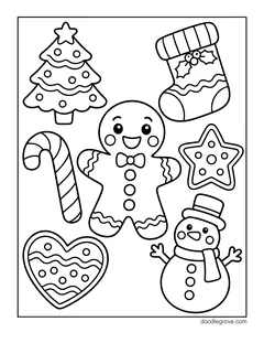 A gingerbread man surrounded by cookies shaped like a Christmas tree, a stocking, a candy cane, a star, a heart and a snowman