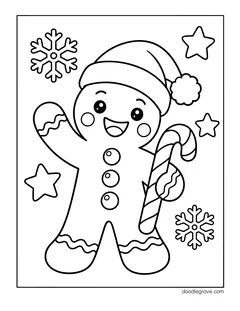 A gingerbread man in a Santa hat waving and holding a candy cane, with stars and snowflakes