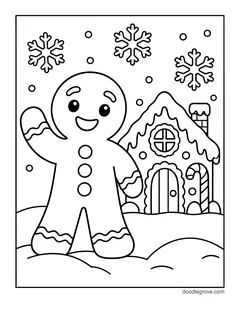 A gingerbread man waving in the snow next to a gingerbread house with an icing roof and a candy cane, with snowflakes