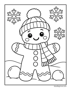 A gingerbread man in a pom-pom hat and a striped scarf standing in the snow, with snowballs and snowflakes
