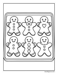 Six gingerbread cookies lined up on a baking tray, each with different buttons and icing