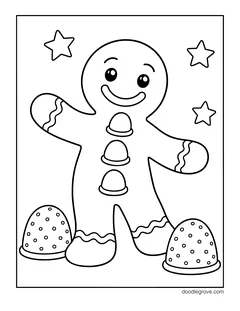 A big gingerbread man with gumdrop buttons standing between two gumdrops, with stars