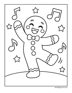 A gingerbread man with a bow tie dancing on one leg, with music notes and stars around him