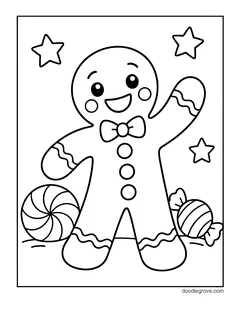 A big gingerbread man waving between two peppermint candies, with stars