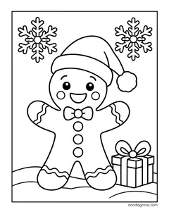 A gingerbread man in a Santa hat standing in the snow next to a wrapped present, with snowflakes