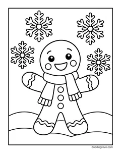 A gingerbread man in a long fringed scarf standing on a snowy hill, with big snowflakes