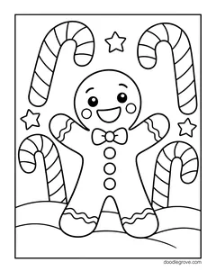 A gingerbread man with his arms up surrounded by four candy canes and stars in the snow