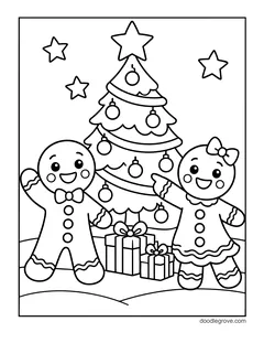 A gingerbread boy and a gingerbread girl standing next to a decorated Christmas tree with presents, with stars