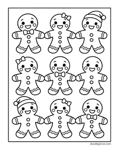 Nine small gingerbread boys and girls in a grid, some with bows and some with Santa hats