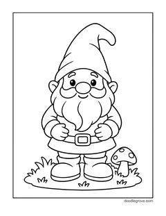 A smiling gnome with a tall pointed hat and a long beard standing on a patch of grass with his hands on his belly, next to a small mushroom