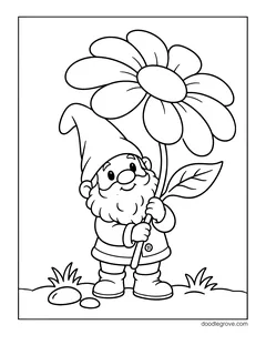 A gnome holding a giant daisy over his head like an umbrella, with grass and pebbles