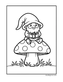 A small gnome sitting on top of a big spotted mushroom and holding an acorn, with grass around the stem