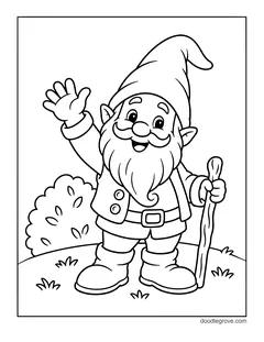 A smiling gnome waving with one hand and holding a walking stick in the other, standing on a hill with a bush and grass