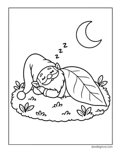 A gnome asleep on a mossy mound under a big leaf blanket, with three letter Zs, a crescent moon and small plants