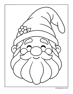 A big gnome face with closed smiling eyes, a round nose and a wide beard, wearing a tall hat with a flower on it