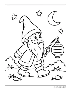 A gnome walking at night with a paper lantern on a stick, with a crescent moon, stars, bushes and pebbles