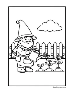A gnome in a scarf and an apron watering a row of seedlings with a watering can, with a picket fence and a cloud
