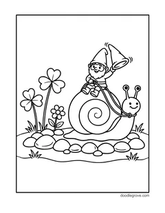 A gnome riding a snail with reins and waving his hat, with clovers, a flower, pebbles and grass