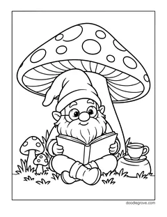 A gnome in glasses reading a book under a big mushroom, with small mushrooms, grass and a teacup on a stump