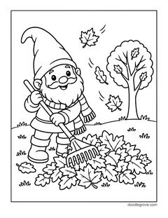 A gnome in a scarf raking maple leaves into a big pile, with a tree and falling leaves