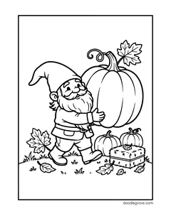 A gnome carrying a big pumpkin, with two small pumpkins, a hay bale and maple leaves