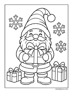 A gnome in a striped pom-pom hat holding a wrapped present, with two more presents and snowflakes