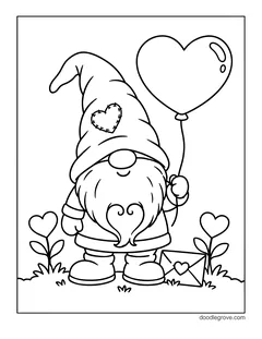 A gnome with a heart patch on his hat holding a heart balloon, with heart-shaped flowers and an envelope with a heart