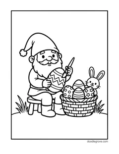 A gnome sitting on a stool and painting a zigzag Easter egg, with a basket of patterned eggs and a bunny peeking out