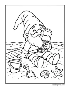 A gnome sitting on the sand and licking an ice cream cone, with a bucket, a spade, a seashell, a starfish, a towel and waves