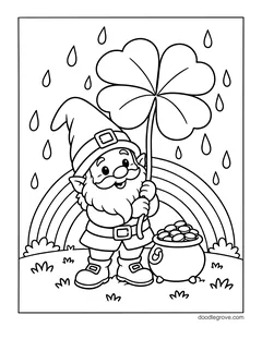 A gnome holding a giant four-leaf clover like an umbrella in the rain, next to a pot of gold coins, with a rainbow and raindrops