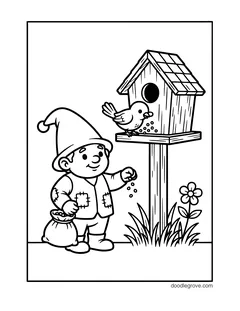 A young gnome in a patched vest scattering seeds from a sack for a bird on a wooden birdhouse, with grass and a flower