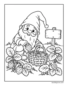 A gnome picking strawberries into a basket among strawberry plants, with a blank wooden sign and a snail