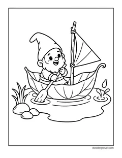A gnome rowing a leaf boat with a twig mast and a sail across a pond, with stones and reeds