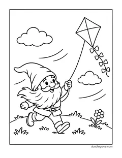 A gnome running across a grassy hill with a diamond kite with bows on its tail, with clouds and a flower